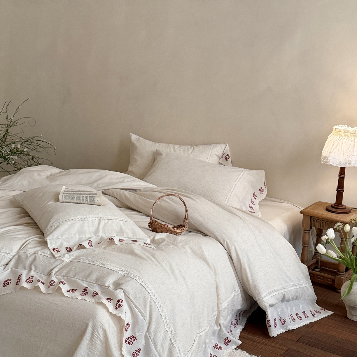 91家纺网 家纺一手货源 找家纺 （总）MIU缪家居 2026新款亲肤舒适棉麻四件套-雾屿樱桃