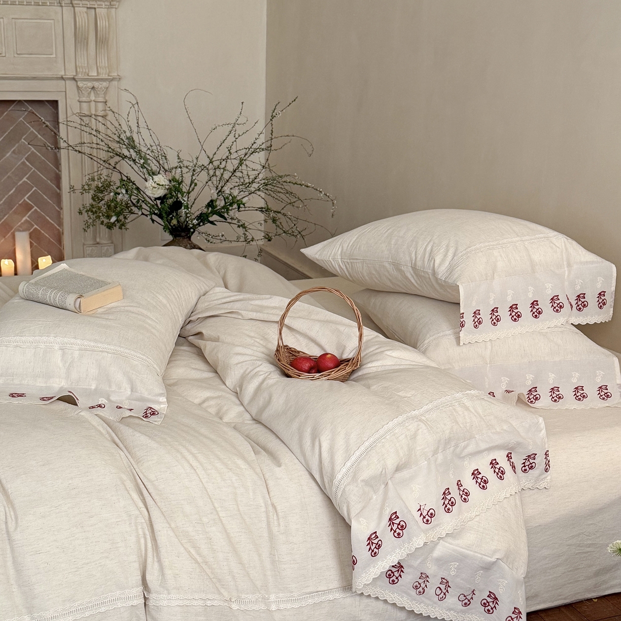 91家纺网 家纺一手货源 找家纺 （总）MIU缪家居 2026新款亲肤舒适棉麻四件套-雾屿樱桃