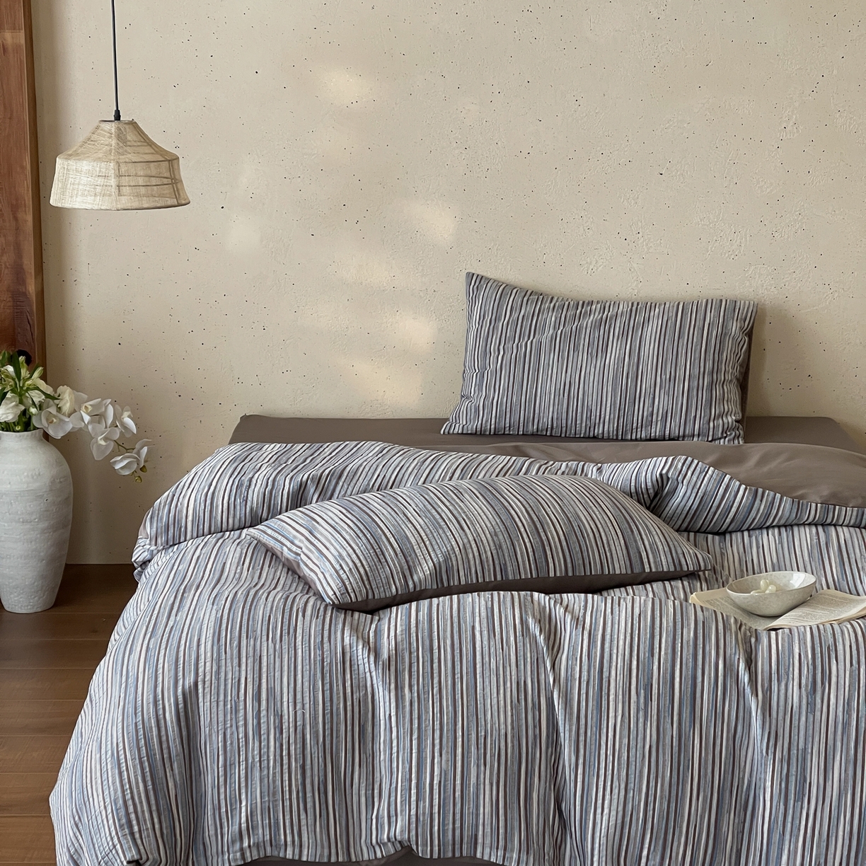 91家纺网 家纺一手货源 找家纺 云上 2026新款全棉纯棉色纺混段染条四件套-暮光 暮光-蓝咖灰