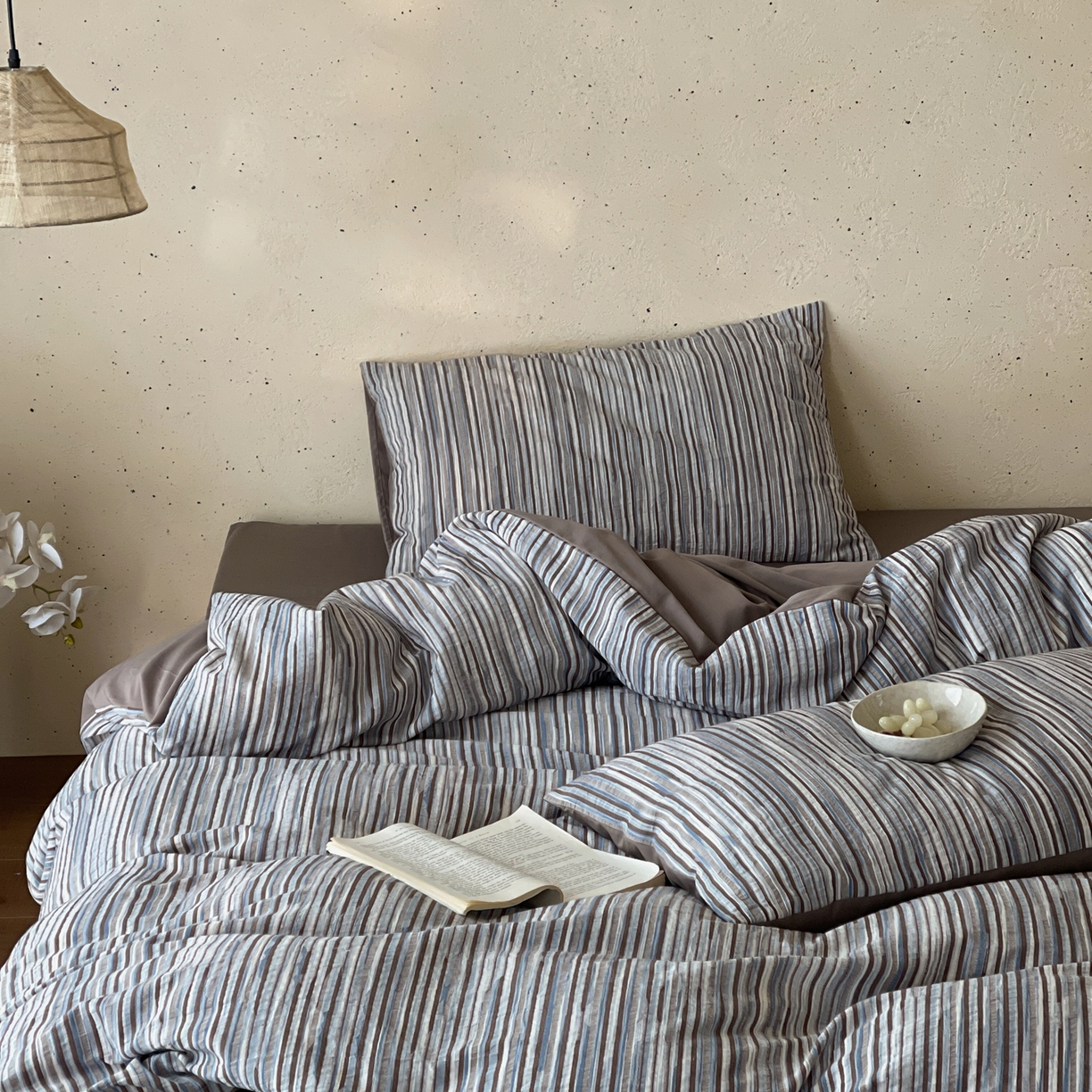 91家纺网 家纺一手货源 找家纺 云上 2026新款全棉纯棉色纺混段染条四件套-暮光 暮光-蓝咖灰