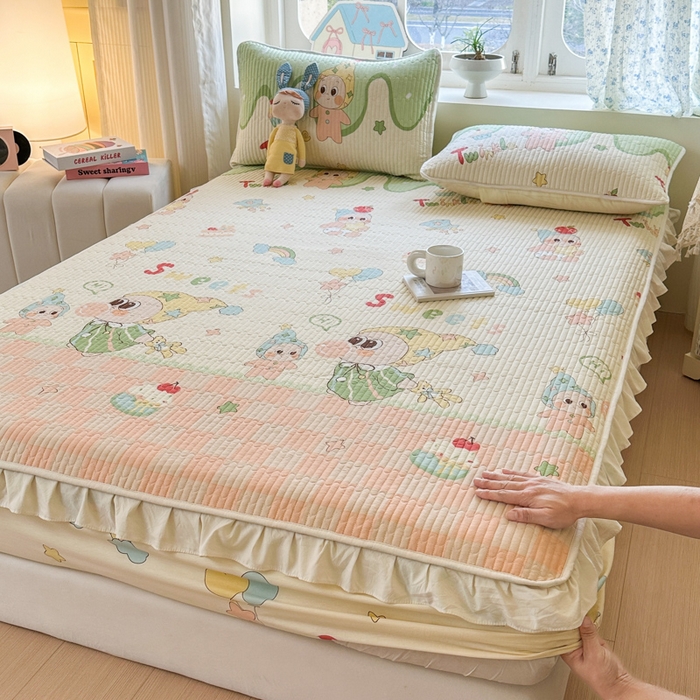 91家纺网 家纺一手货源 找家纺 （总）欣宜家纺 2026新款花边全棉纯棉印花夹棉床笠床垫保护套罩