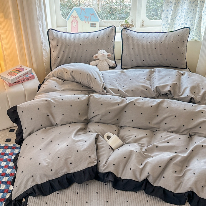 91家纺网 家纺一手货源 找家纺 欣宜家纺 2026新款花边全棉纯棉印花夹棉床笠床垫保护套罩 波点