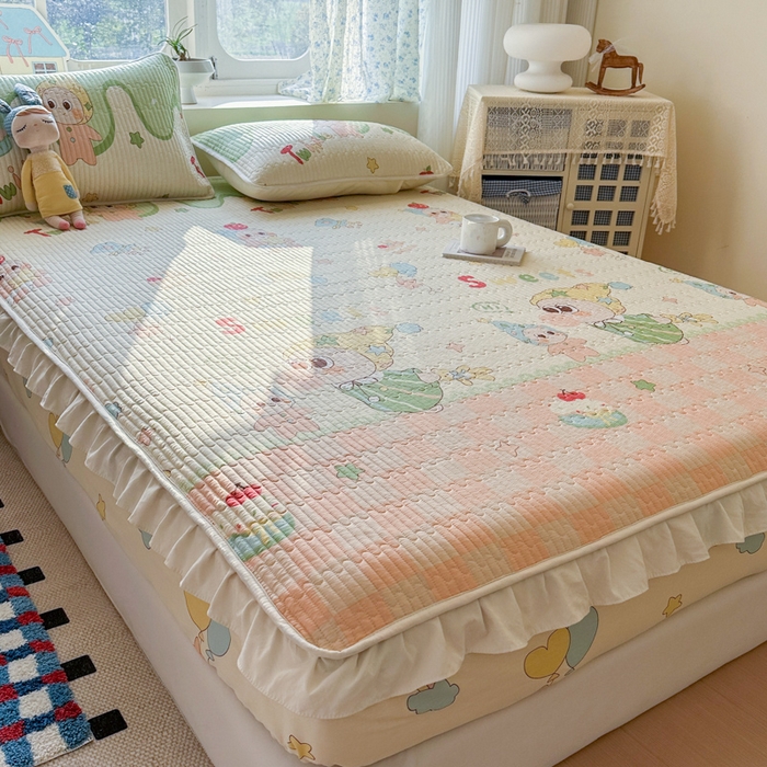 91家纺网 家纺一手货源 找家纺 欣宜家纺 2026新款花边全棉纯棉印花夹棉床笠床垫保护套罩 泡泡星人