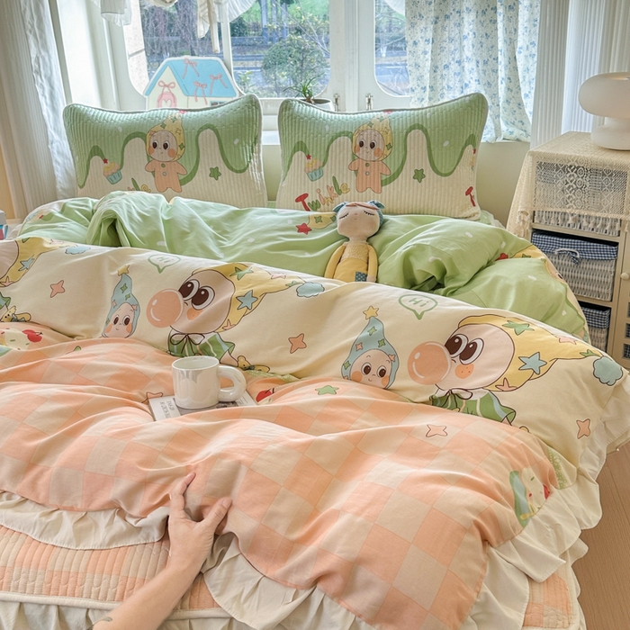 91家纺网 家纺一手货源 找家纺 欣宜家纺 2026新款花边全棉纯棉印花夹棉床笠床垫保护套罩 泡泡星人