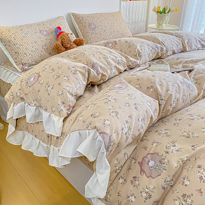 91家纺网 家纺一手货源 找家纺 欣宜家纺 2026新款花边全棉纯棉印花夹棉床笠床垫保护套罩 碎花兔兔