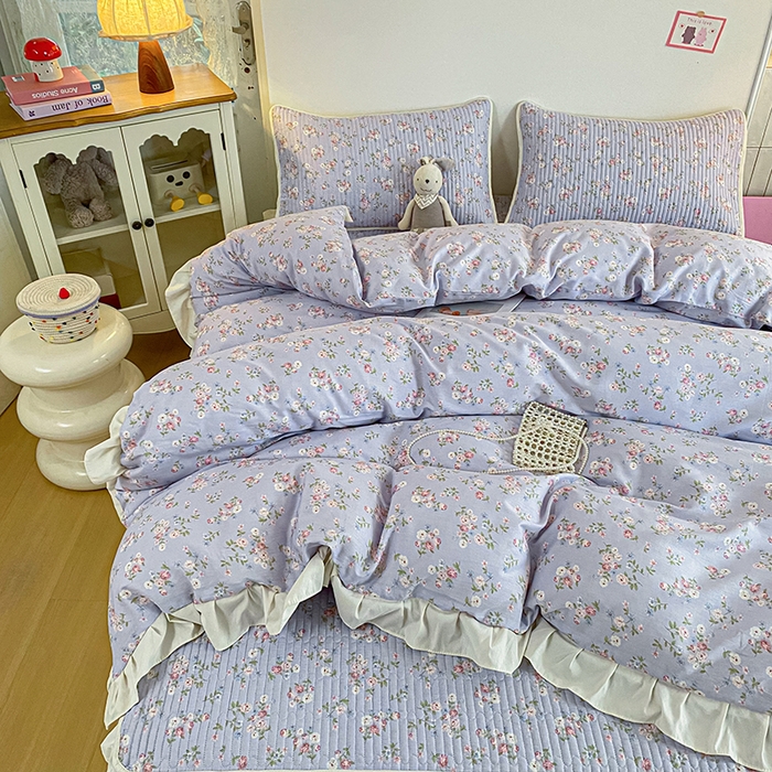 91家纺网 家纺一手货源 找家纺 欣宜家纺 2026新款花边全棉纯棉印花夹棉床笠床垫保护套罩 花田紫