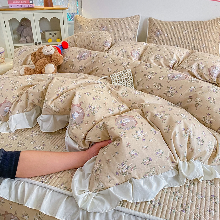 91家纺网 家纺一手货源 找家纺 欣宜家纺 2026新款花边全棉纯棉印花夹棉床笠床垫保护套罩 碎花兔兔