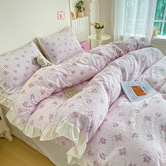 91家纺网 家纺一手货源 找家纺 欣宜家纺 2026新款花边全棉纯棉印花夹棉床笠床垫保护套罩 花田粉