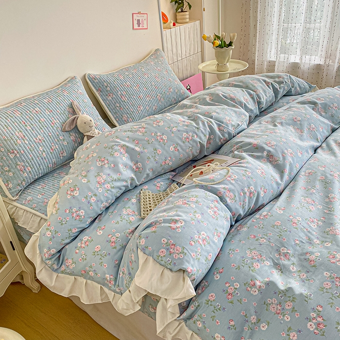 91家纺网 家纺一手货源 找家纺 欣宜家纺 2026新款花边全棉纯棉印花夹棉床笠床垫保护套罩 花田绿