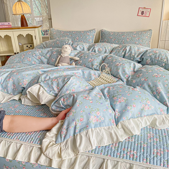 91家纺网 家纺一手货源 找家纺 欣宜家纺 2026新款花边全棉纯棉印花夹棉床笠床垫保护套罩 花田绿