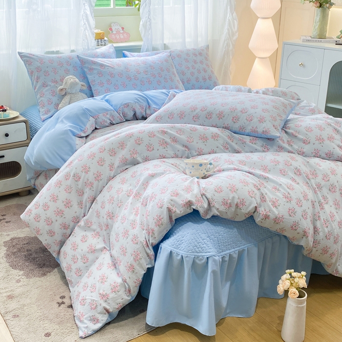 91家纺网 家纺一手货源 找家纺 优贝家纺 2026新款水洗棉古棉床盖四件套 悠蓝