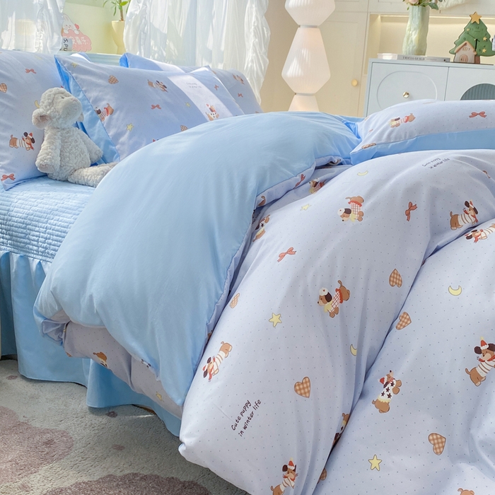 91家纺网 家纺一手货源 找家纺 优贝家纺 2026新款水洗棉古棉床盖四件套 小狗派对