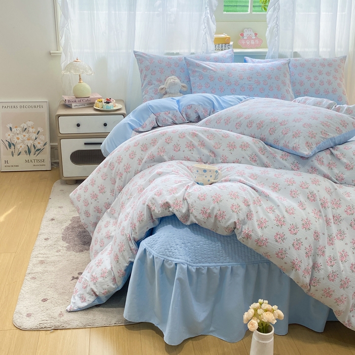 91家纺网 家纺一手货源 找家纺 优贝家纺 2026新款水洗棉古棉床盖四件套 悠蓝