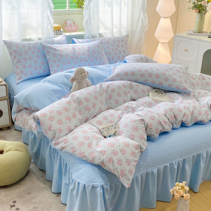 优贝家纺 2026新款水洗棉古棉床盖四件套 悠蓝