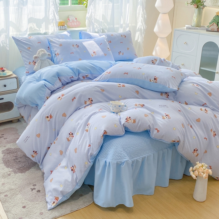 91家纺网 家纺一手货源 找家纺 优贝家纺 2026新款水洗棉古棉床盖四件套 小狗派对