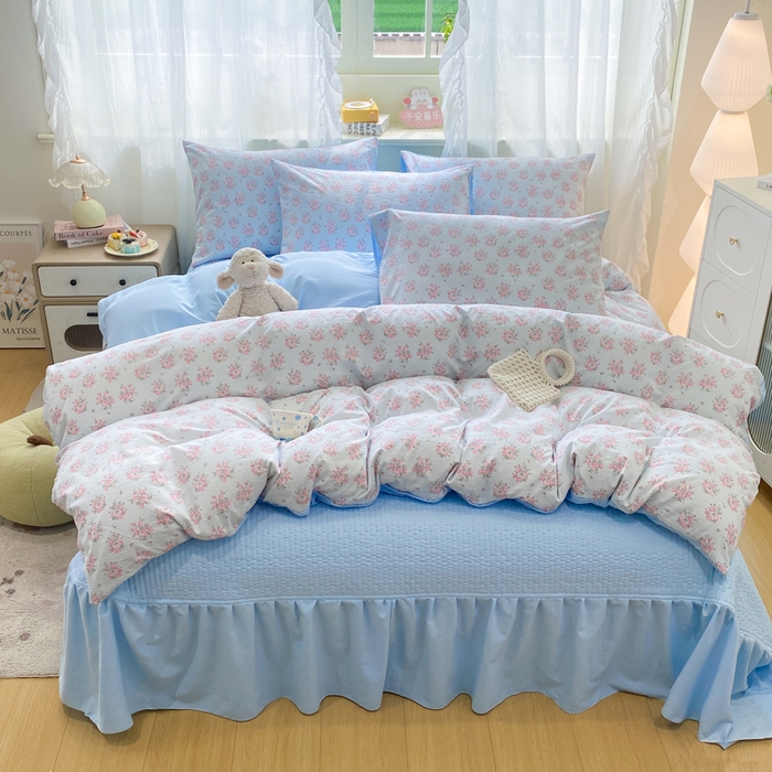 91家纺网 家纺一手货源 找家纺 优贝家纺 2026新款水洗棉古棉床盖四件套 悠蓝