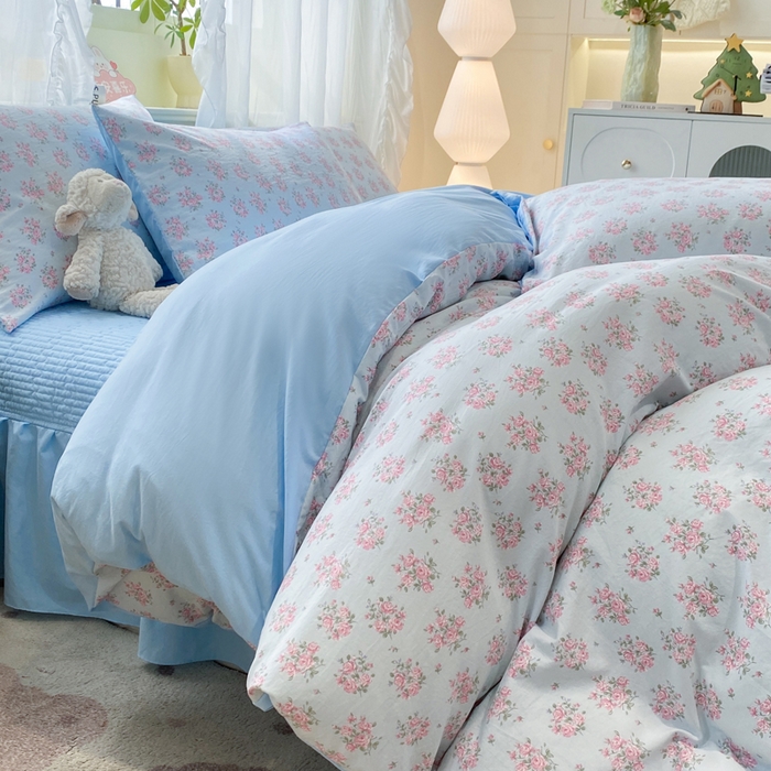 91家纺网 家纺一手货源 找家纺 优贝家纺 2026新款水洗棉古棉床盖四件套 悠蓝