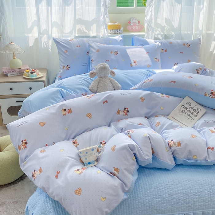 91家纺网 家纺一手货源 找家纺 优贝家纺 2026新款水洗棉古棉床盖四件套 小狗派对