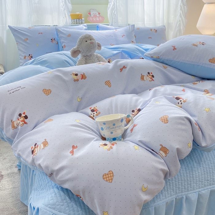 91家纺网 家纺一手货源 找家纺 优贝家纺 2026新款水洗棉古棉床盖四件套 小狗派对