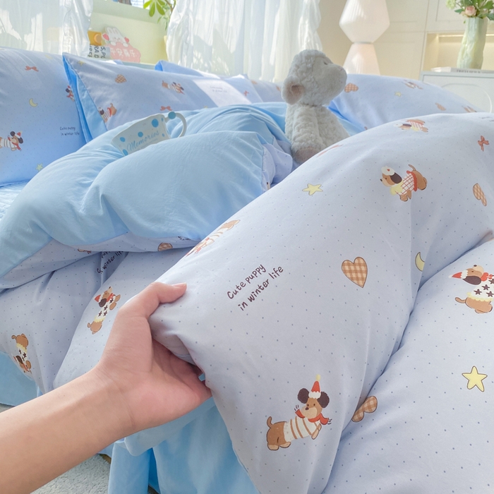 91家纺网 家纺一手货源 找家纺 优贝家纺 2026新款水洗棉古棉床盖四件套 小狗派对