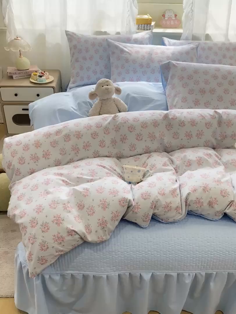 91家纺网 家纺一手货源 找家纺 优贝家纺 2026新款水洗棉古棉床盖四件套 悠蓝