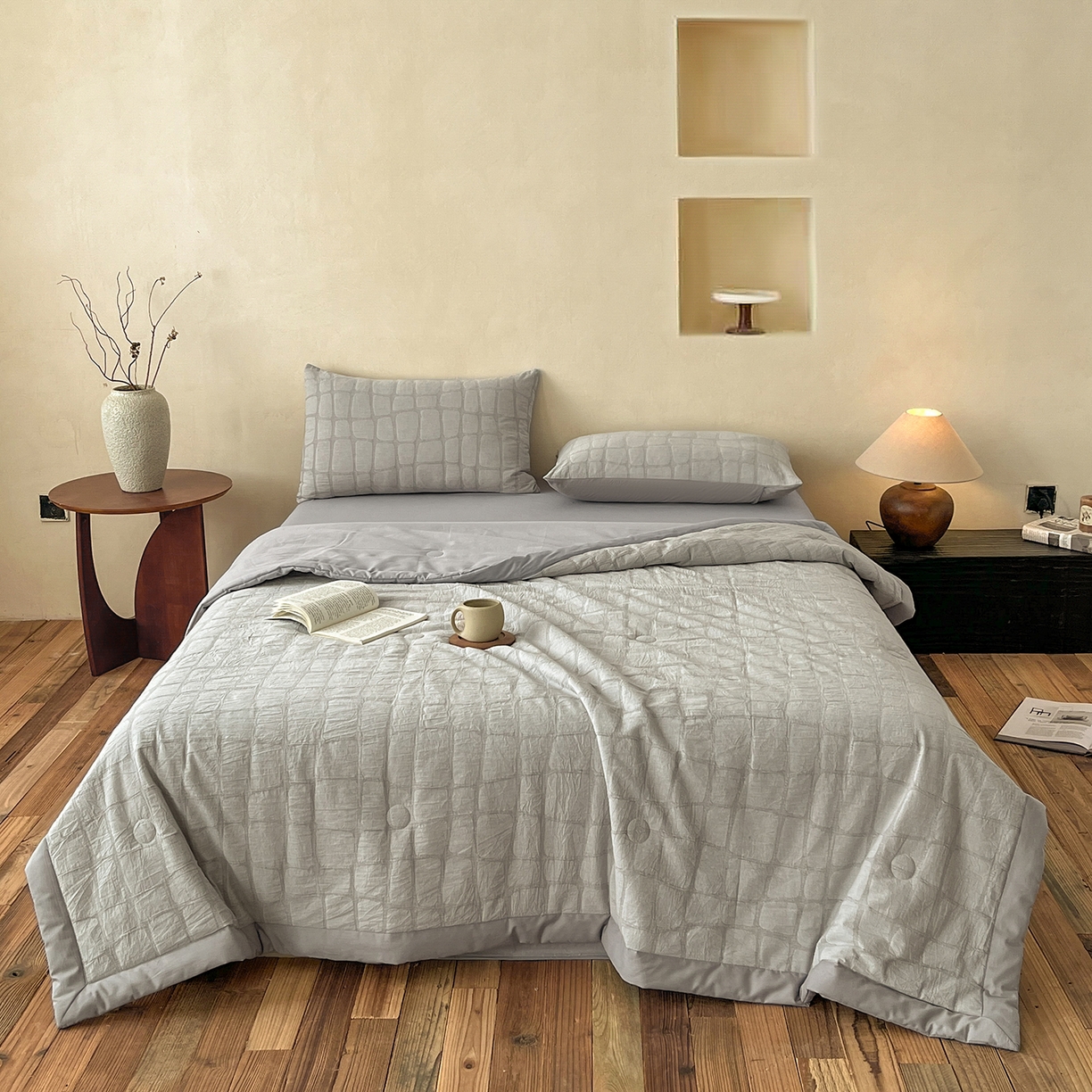 91家纺网 家纺一手货源 找家纺 吾秀家居 2026新款全棉纯棉大提花新疆棉花夏被夏凉被空调被四件套-石纹 石纹-浅灰