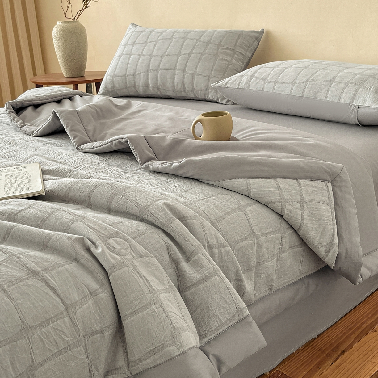 91家纺网 家纺一手货源 找家纺 吾秀家居 2026新款全棉纯棉大提花新疆棉花夏被夏凉被空调被四件套-石纹 石纹-浅灰