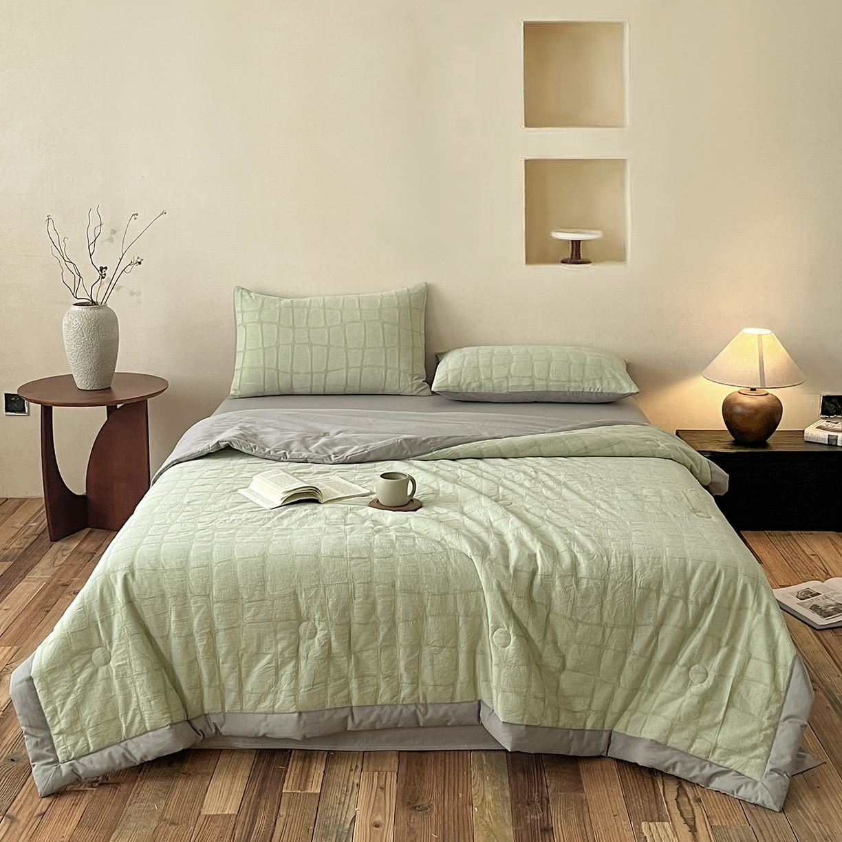 91家纺网 家纺一手货源 找家纺 吾秀家居 2026新款全棉纯棉大提花新疆棉花夏被夏凉被空调被四件套-石纹 石纹-浅绿