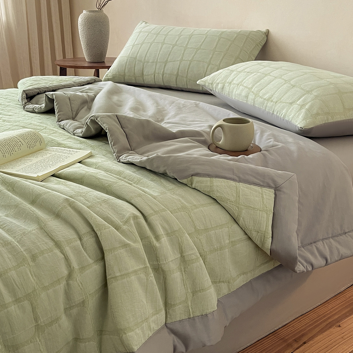 91家纺网 家纺一手货源 找家纺 吾秀家居 2026新款全棉纯棉大提花新疆棉花夏被夏凉被空调被四件套-石纹 石纹-浅绿
