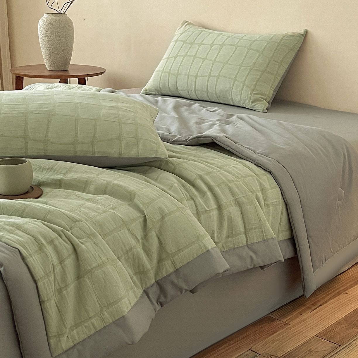 91家纺网 家纺一手货源 找家纺 吾秀家居 2026新款全棉纯棉大提花新疆棉花夏被夏凉被空调被四件套-石纹 石纹-浅绿