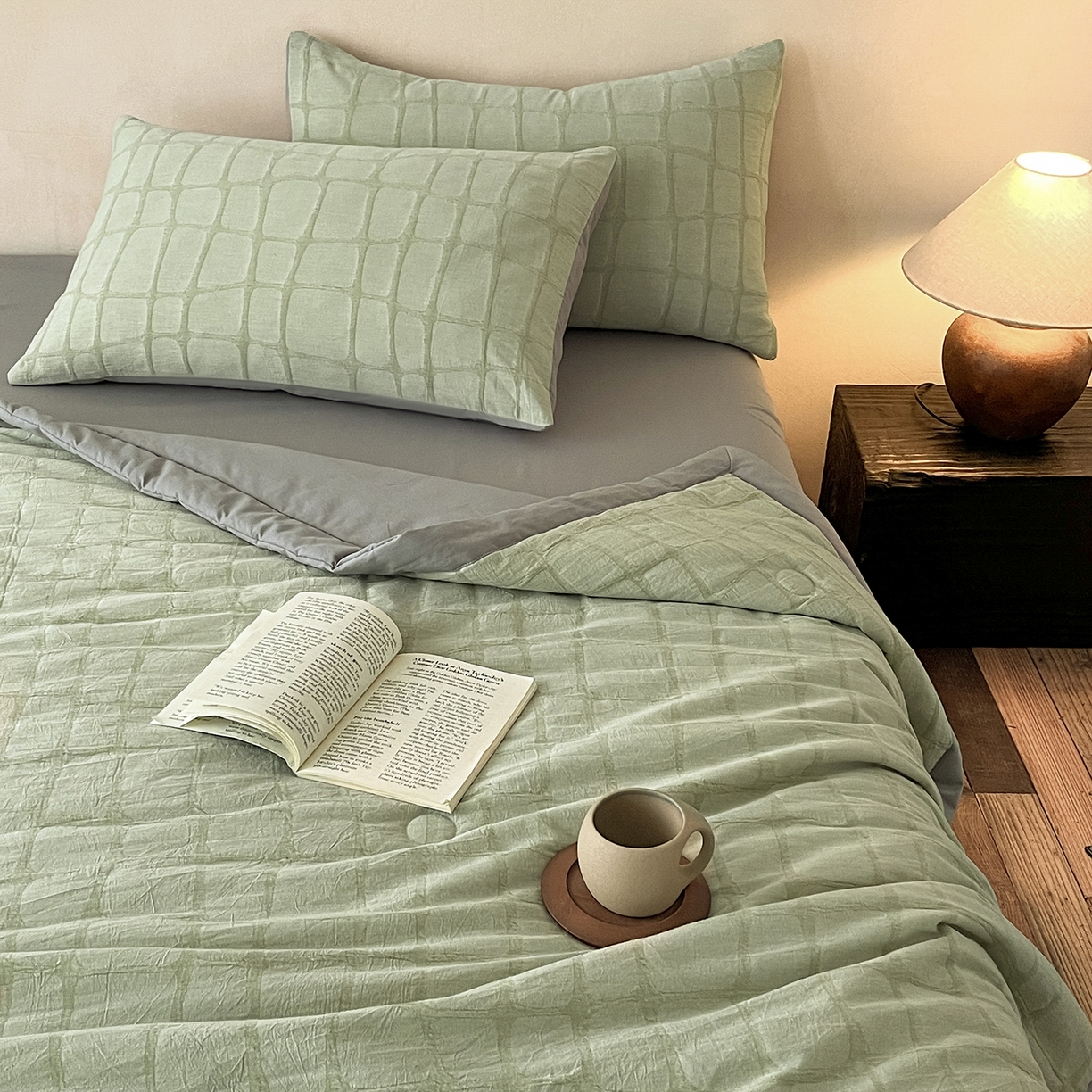 91家纺网 家纺一手货源 找家纺 吾秀家居 2026新款全棉纯棉大提花新疆棉花夏被夏凉被空调被四件套-石纹 石纹-浅绿