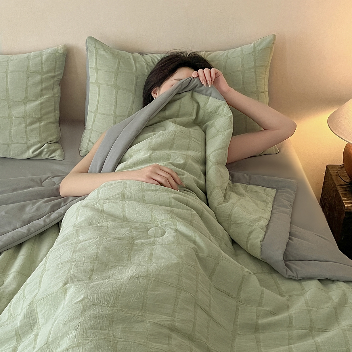 91家纺网 家纺一手货源 找家纺 吾秀家居 2026新款全棉纯棉大提花新疆棉花夏被夏凉被空调被四件套-石纹 石纹-浅绿