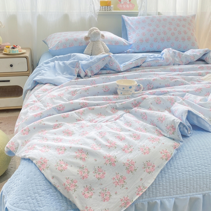 91家纺网 家纺一手货源 找家纺 优贝家纺 2026新款水洗棉古棉床盖夏被四件套 悠蓝