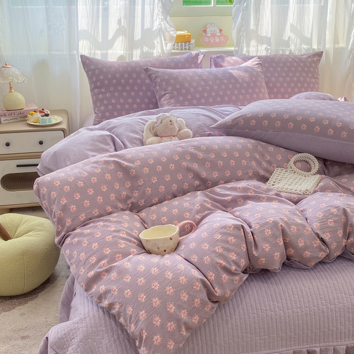 91家纺网 家纺一手货源 找家纺 优贝家纺 2026新款水洗棉古棉床盖夏被四件套 紫风铃