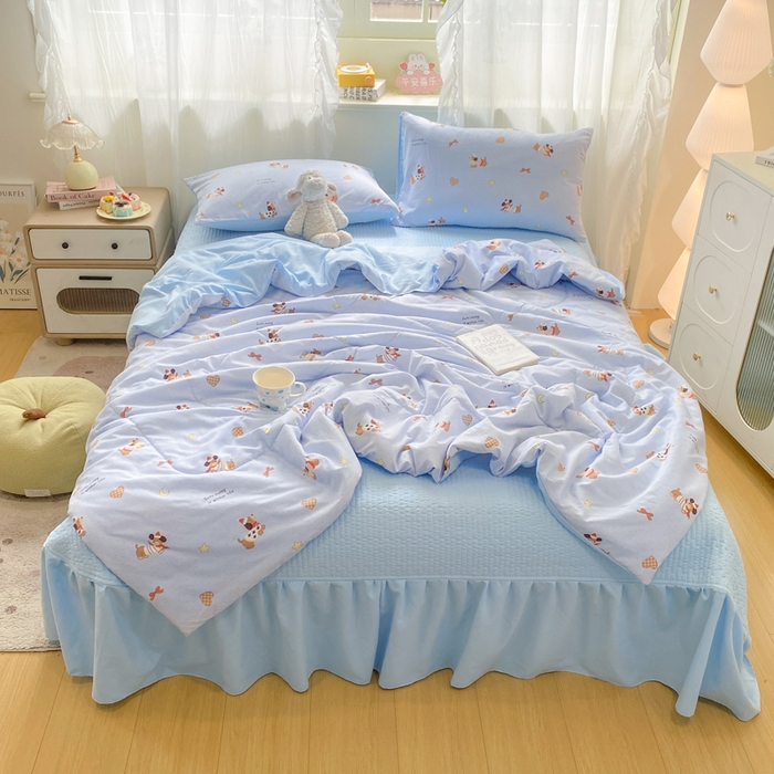 优贝家纺 2026新款水洗棉古棉床盖夏被四件套 小狗派对