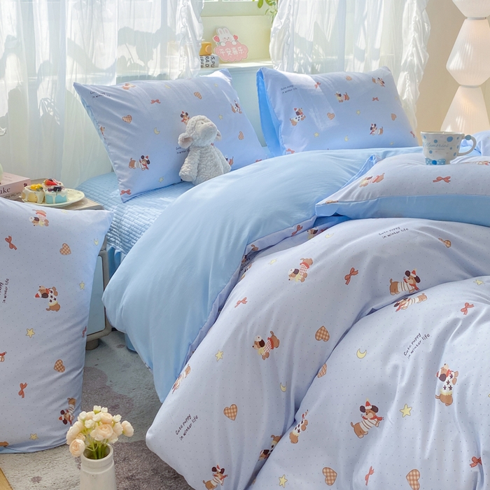 91家纺网 家纺一手货源 找家纺 优贝家纺 2026新款水洗棉古棉床盖夏被四件套 小狗派对