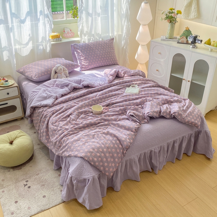 91家纺网 家纺一手货源 找家纺 优贝家纺 2026新款水洗棉古棉床盖夏被四件套 紫风铃