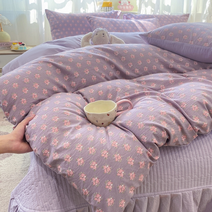 91家纺网 家纺一手货源 找家纺 优贝家纺 2026新款水洗棉古棉床盖夏被四件套 紫风铃