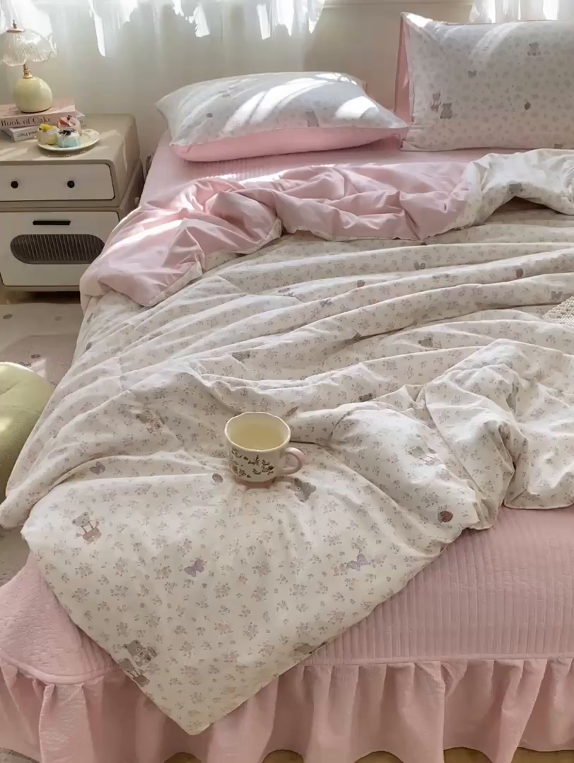 91家纺网 家纺一手货源 找家纺 优贝家纺 2026新款水洗棉古棉床盖夏被四件套 甜心派