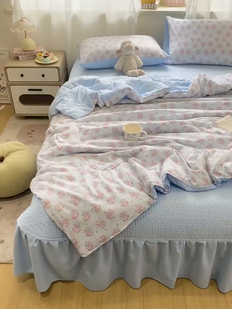 91家纺网 家纺一手货源 找家纺 优贝家纺 2026新款水洗棉古棉床盖夏被四件套 悠蓝