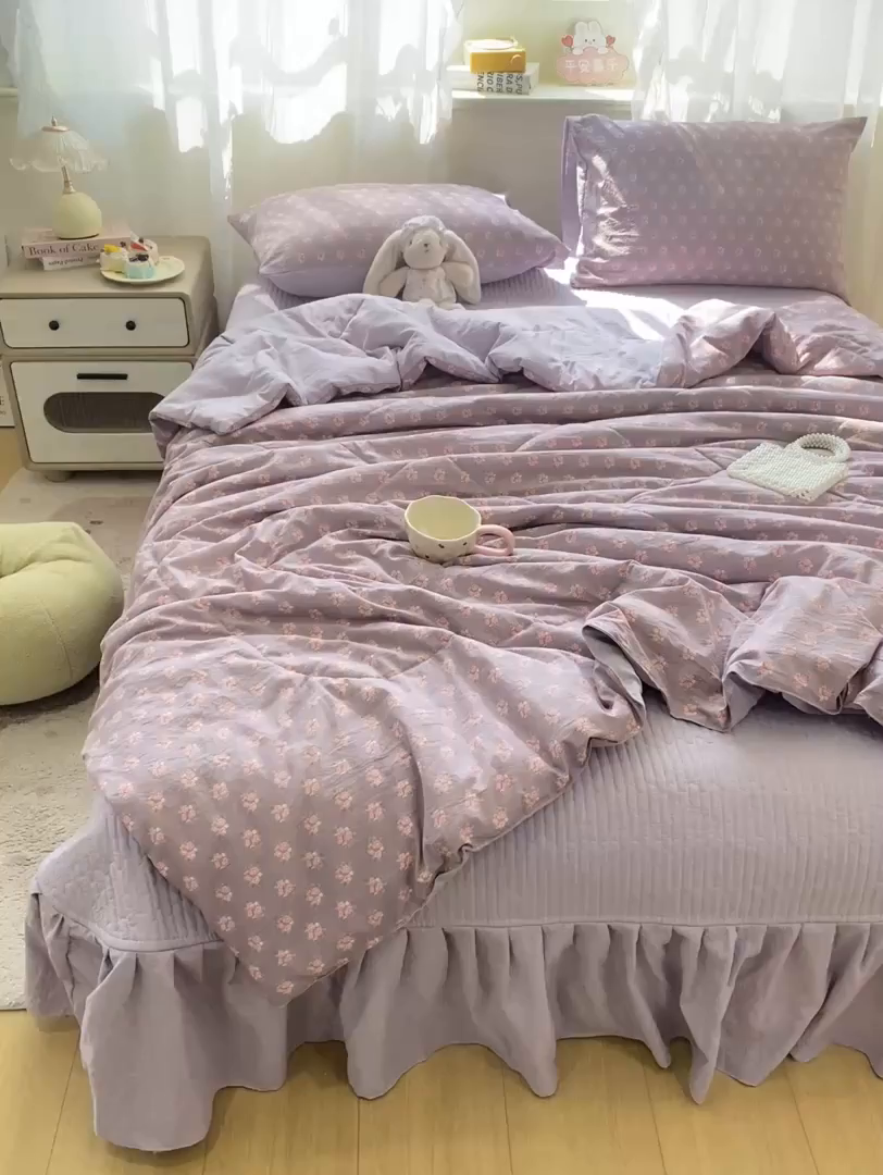 91家纺网 家纺一手货源 找家纺 优贝家纺 2026新款水洗棉古棉床盖夏被四件套 紫风铃