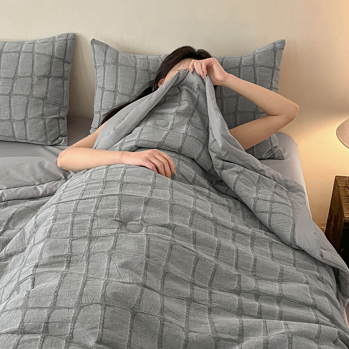 91家纺网 家纺一手货源 找家纺 吾秀家居 2026新款全棉纯棉大提花新疆棉花夏被夏凉被空调被四件套-石纹 石纹-深灰