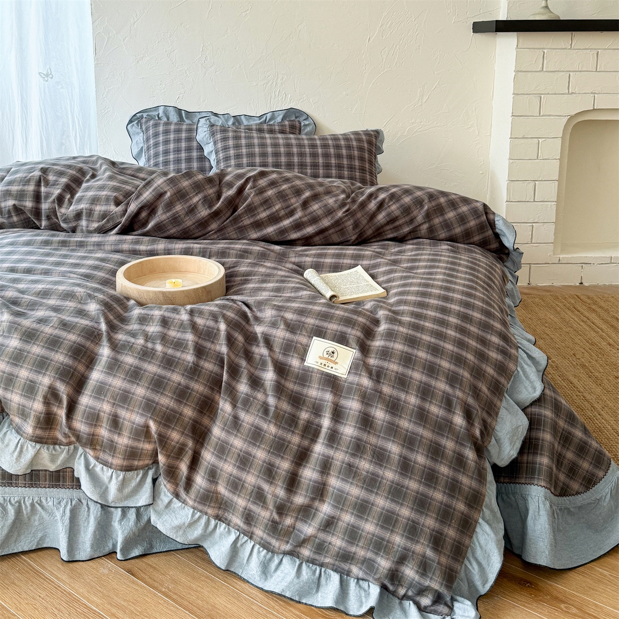 91家纺网 家纺一手货源 找家纺 欣宜家纺 2026新款全棉色织水洗棉床盖三件套 雾蓝格