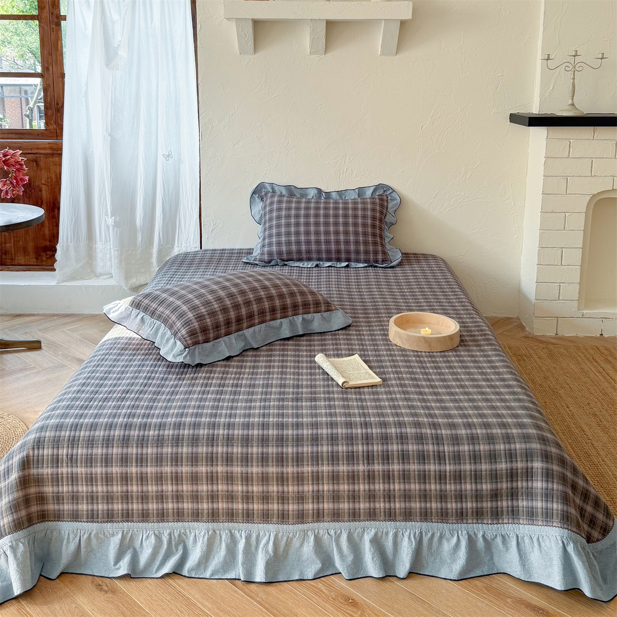 欣宜家纺 2026新款全棉色织水洗棉床盖三件套 雾蓝格