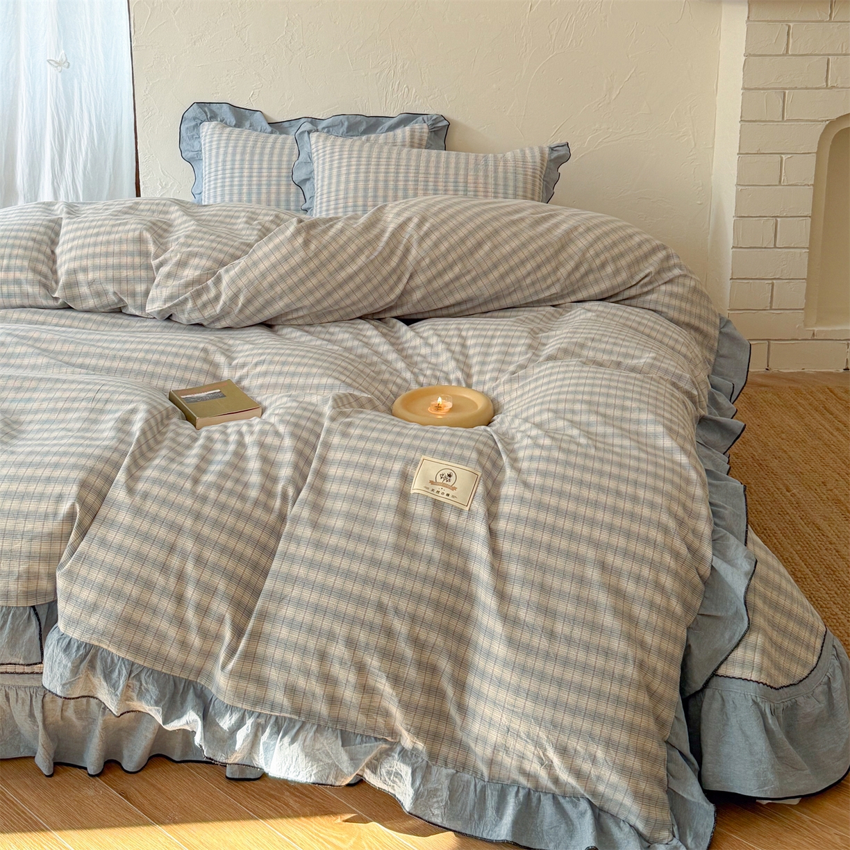 91家纺网 家纺一手货源 找家纺 欣宜家纺 2026新款全棉色织水洗棉床盖三件套 海盐细格