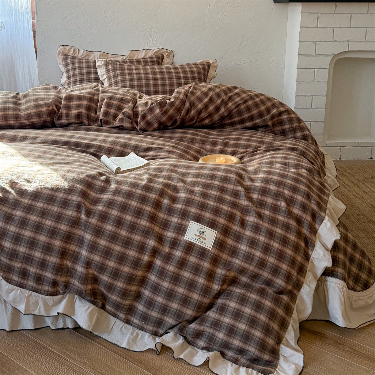 91家纺网 家纺一手货源 找家纺 欣宜家纺 2026新款全棉色织水洗棉床盖三件套 南法棕格