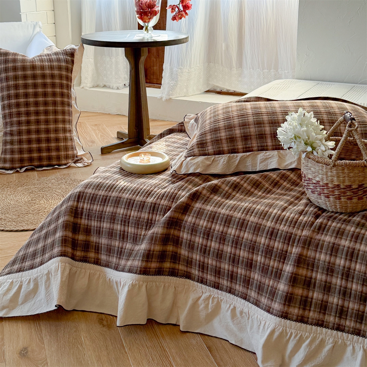 91家纺网 家纺一手货源 找家纺 欣宜家纺 2026新款全棉色织水洗棉床盖三件套 南法棕格