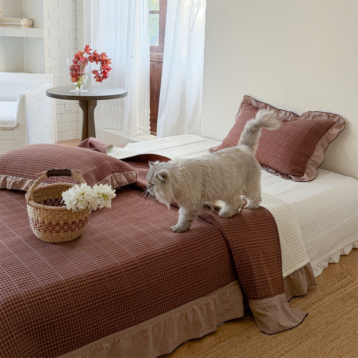 91家纺网 家纺一手货源 找家纺 欣宜家纺 2026新款全棉色织水洗棉床盖三件套 焦糖拿铁