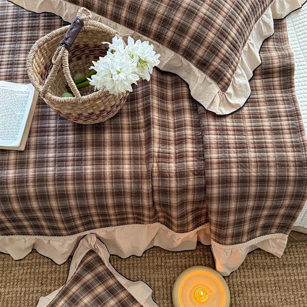 91家纺网 家纺一手货源 找家纺 欣宜家纺 2026新款全棉色织水洗棉床盖三件套 南法棕格