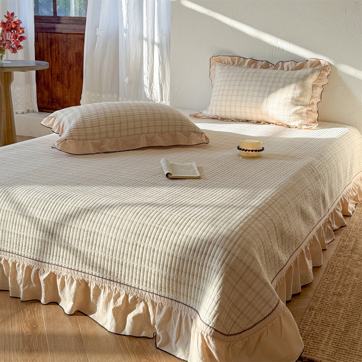 91家纺网 家纺一手货源 找家纺 欣宜家纺 2026新款全棉色织水洗棉床盖三件套 芝士奶格